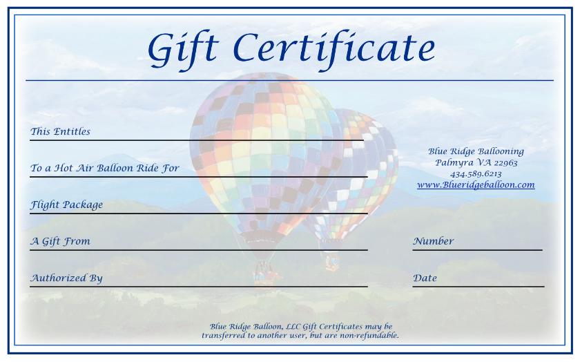 Blue Ridge Balloon Gift Certificate